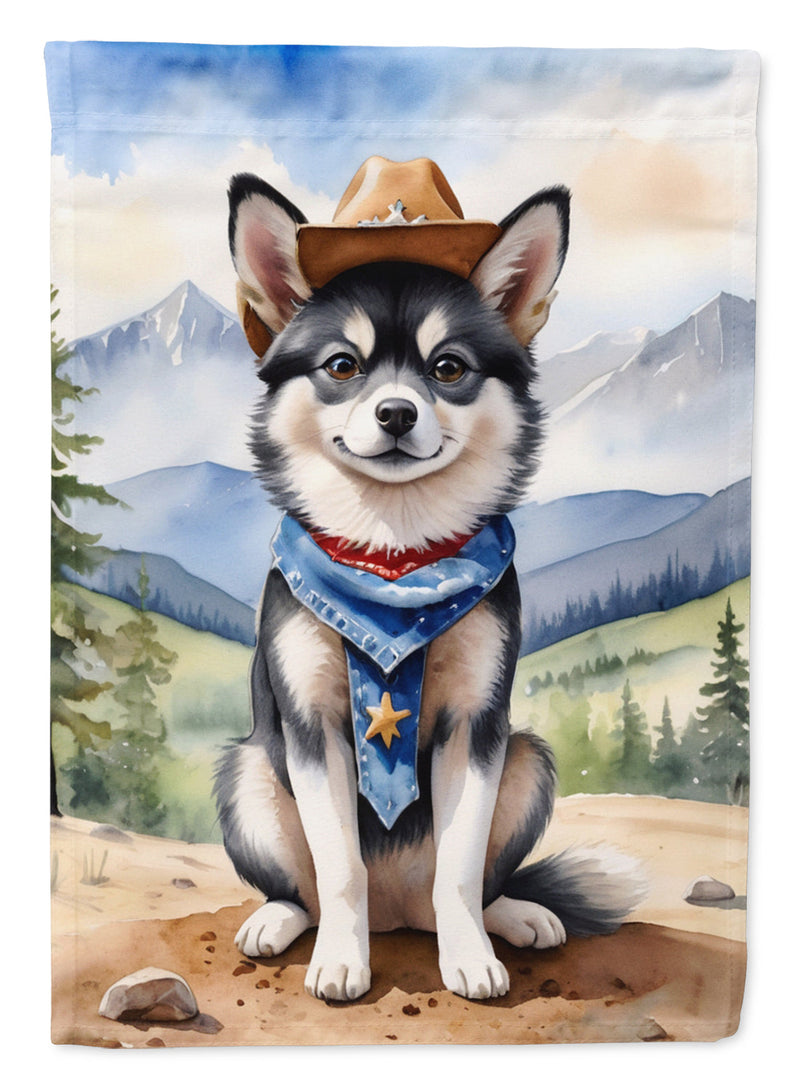 Alaskan Klee Kai Cowboy Welcome Garden Flag – Western Dog Yard Decor with Mountain Landscape