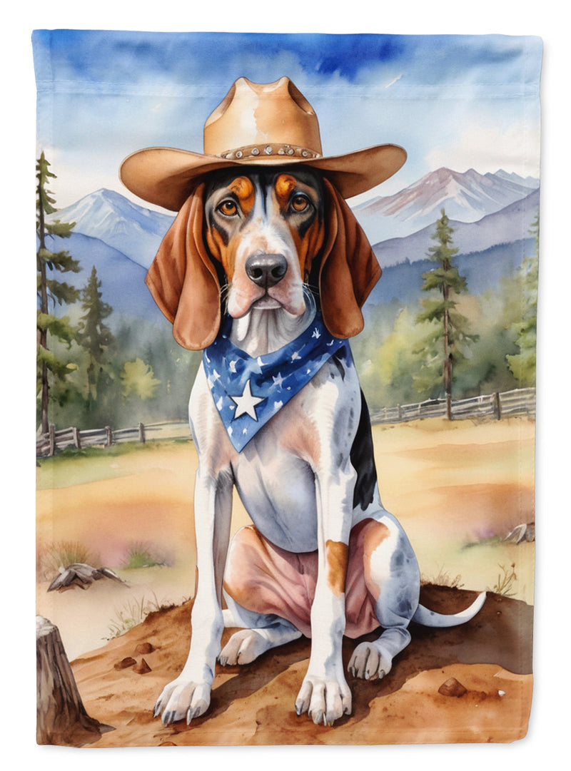 American English Coonhound Cowboy Welcome Garden Flag – Western Dog Yard Decor with Mountain Landscape
