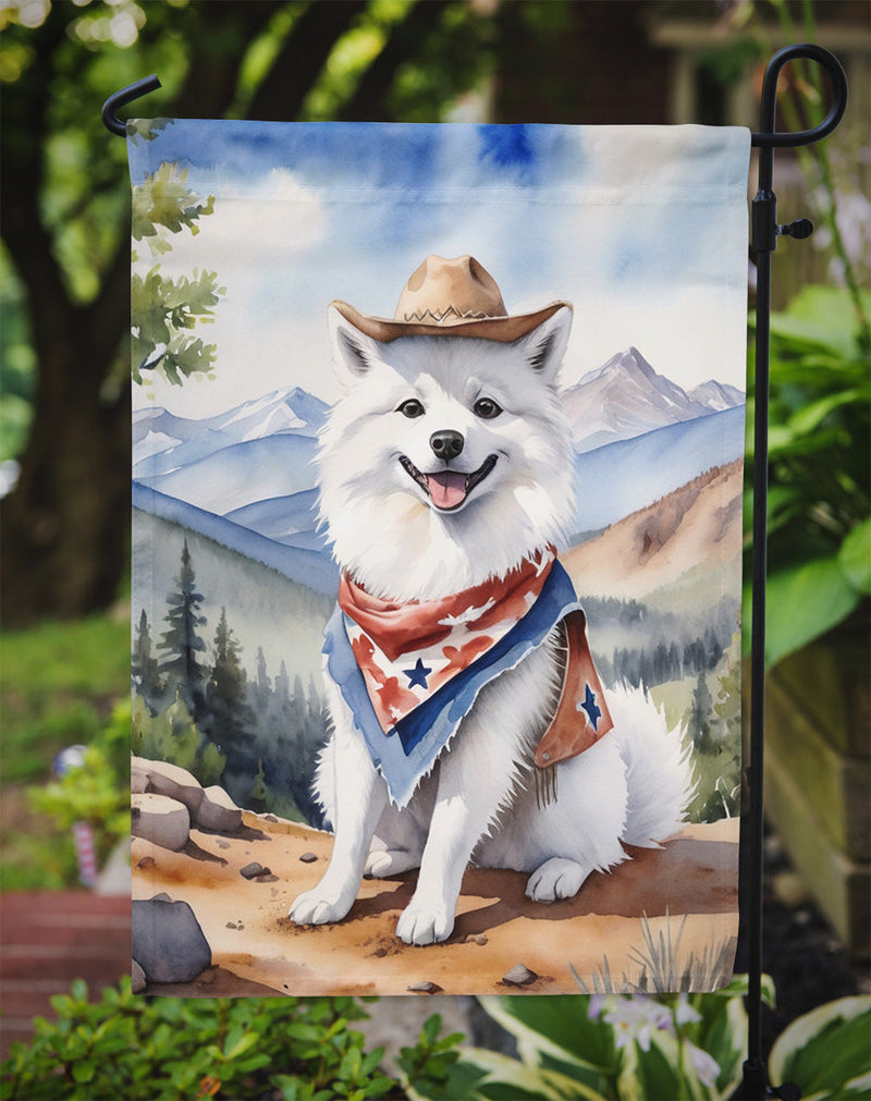 American Eskimo Cowboy Welcome Garden Flag – Western Dog Yard Decor with Mountain Landscape