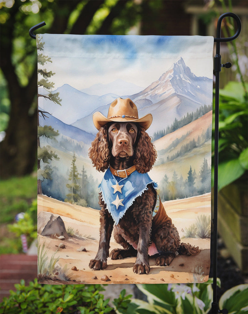 American Water Spaniel Cowboy Welcome Garden Flag – Western Dog Yard Decor with Mountain Landscape