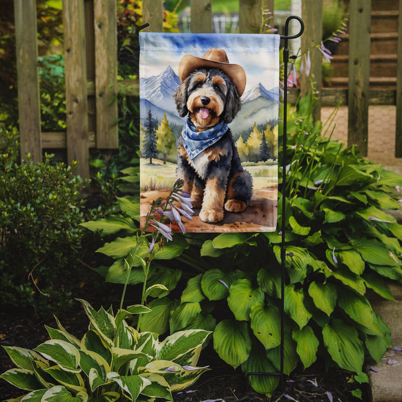 Bernedoodle Cowboy Welcome Garden Flag – Western Dog Yard Decor with Mountain Landscape