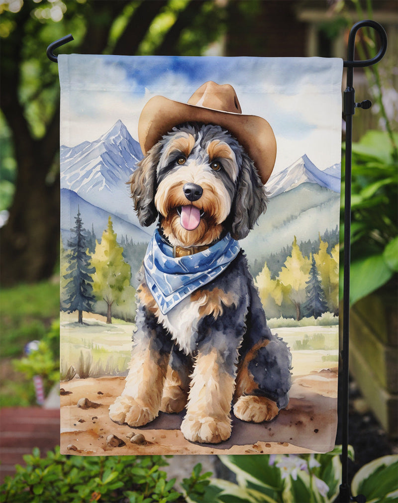 Bernedoodle Cowboy Welcome Garden Flag – Western Dog Yard Decor with Mountain Landscape
