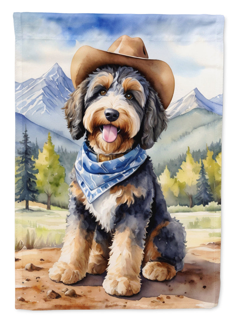 Bernedoodle Cowboy Welcome Garden Flag – Western Dog Yard Decor with Mountain Landscape