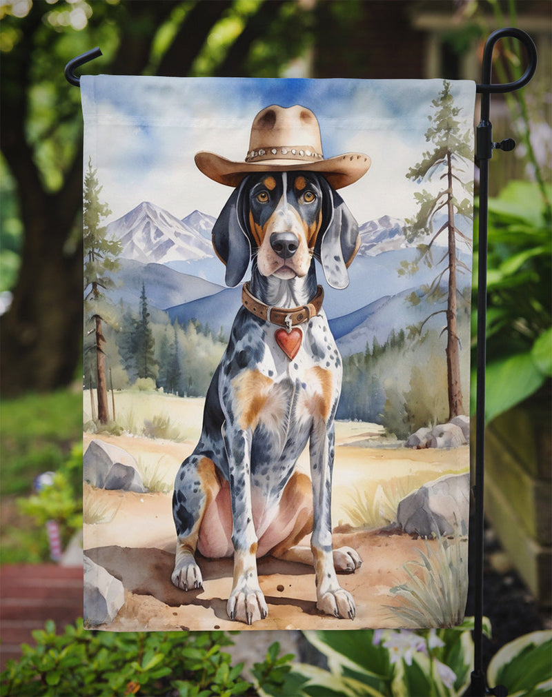 Bluetick Coonhound Cowboy Welcome Garden Flag – Western Dog Yard Decor with Mountain Landscape
