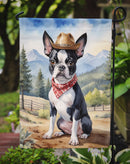 Boston Terrier Cowboy Welcome Garden Flag – Western Dog Yard Decor with Mountain Landscape