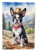 Boston Terrier Cowboy Welcome Garden Flag – Western Dog Yard Decor with Mountain Landscape