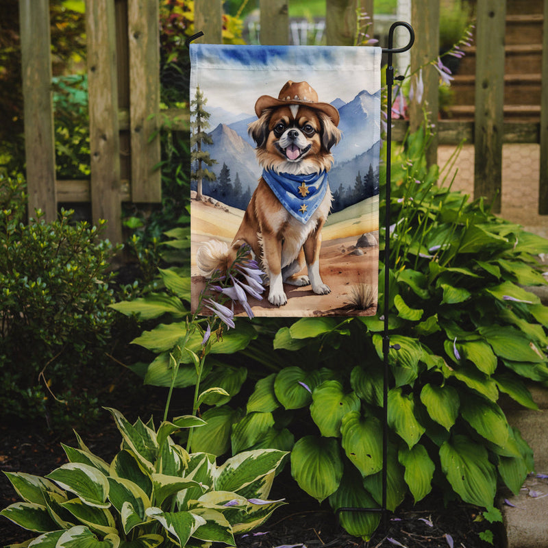 Tibetan Spaniel Cowboy Welcome Garden Flag – Western Dog Yard Decor with Mountain Landscape