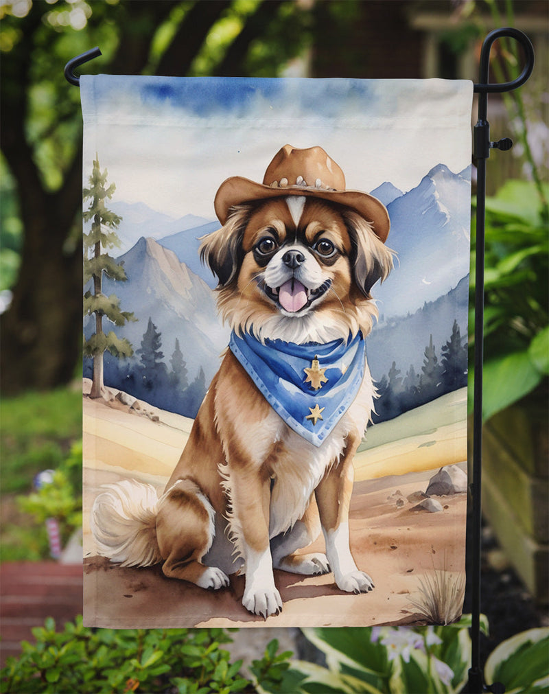 Tibetan Spaniel Cowboy Welcome Garden Flag – Western Dog Yard Decor with Mountain Landscape