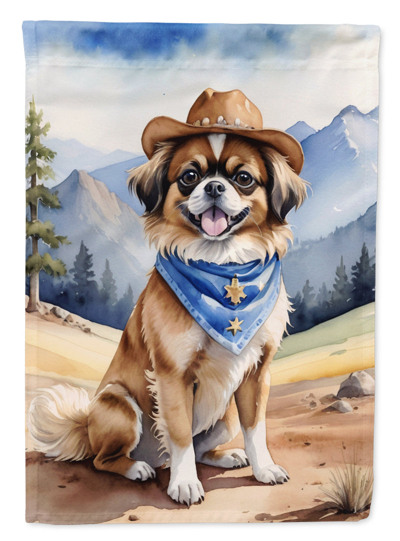 Tibetan Spaniel Cowboy Welcome Garden Flag – Western Dog Yard Decor with Mountain Landscape