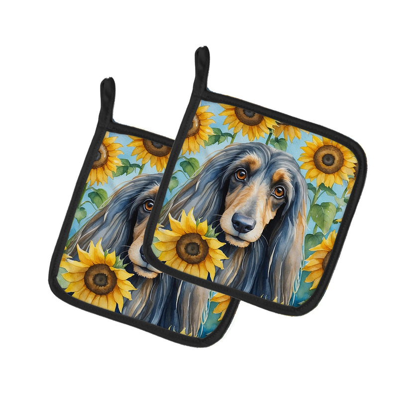 Afghan Hound in Sunflowers Pair of Pot Holders