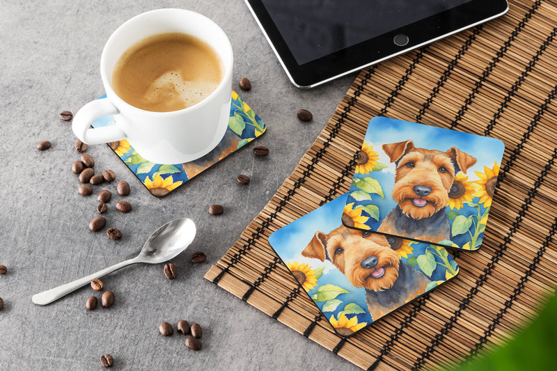 Airedale Terrier in Sunflowers Foam Coasters