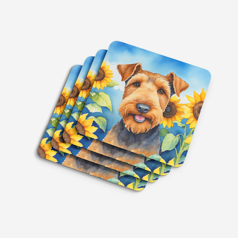 Airedale Terrier in Sunflowers Coasters - Set of 4 Lightweight Foam, Absorbent Drink Coasters