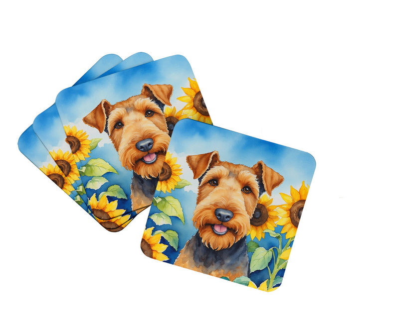 Airedale Terrier in Sunflowers Foam Coasters