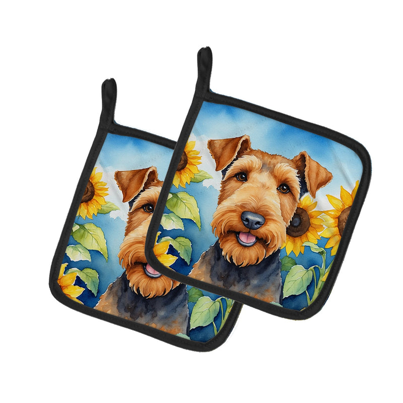 Airedale Terrier in Sunflowers Pair of Pot Holders