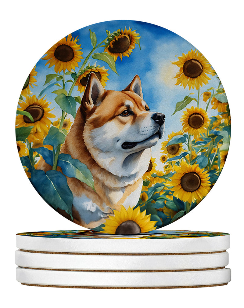 Akita in Sunflowers Large Sandstone Coasters Pack of 4