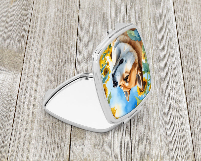 Akita in Sunflowers Compact Mirror – Stylish Purse Mirror with Artistic Covers