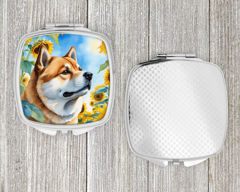 Akita in Sunflowers Compact Mirror – Stylish Purse Mirror with Artistic Covers