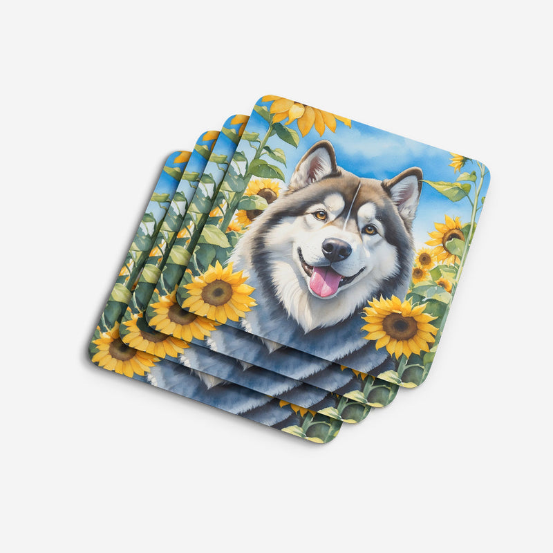 Alaskan Malamute in Sunflowers Coasters - Set of 4 Lightweight Foam, Absorbent Drink Coasters
