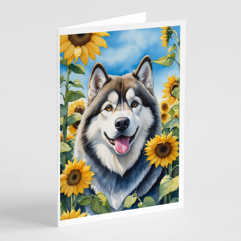 Alaskan Malamute in Sunflowers Greeting Cards Pack of 8