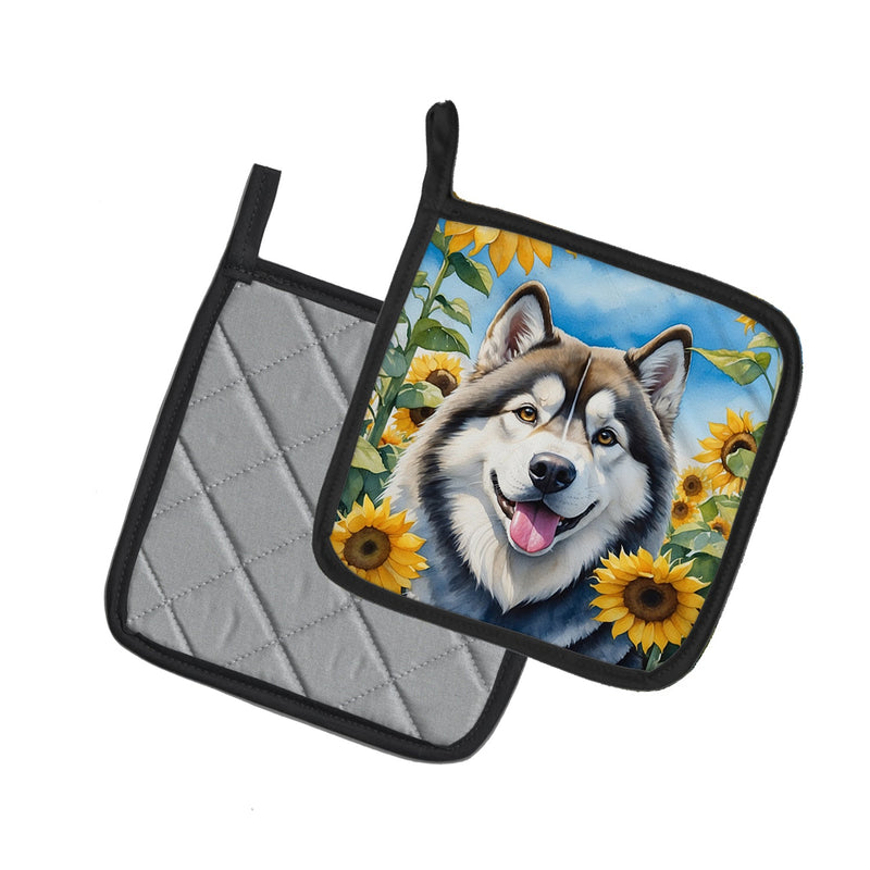 Alaskan Malamute in Sunflowers Pair of Pot Holders