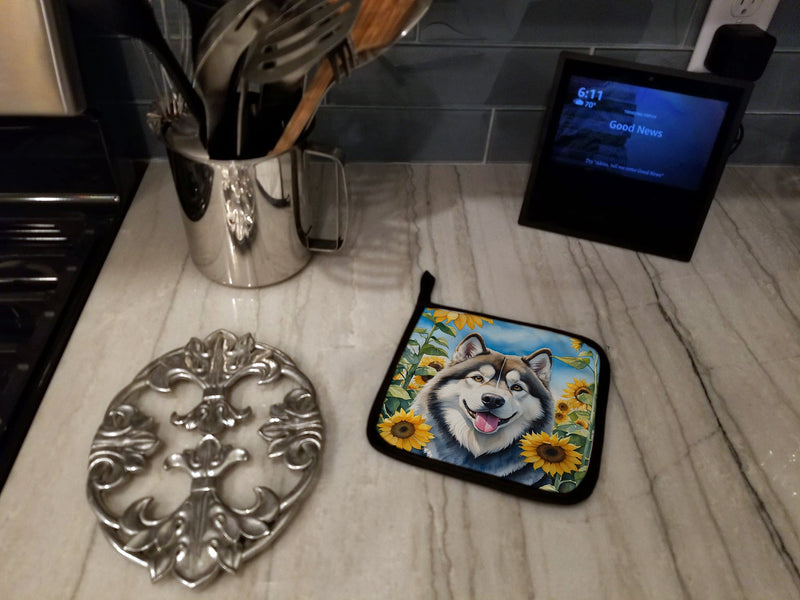 Alaskan Malamute in Sunflowers Pair of Pot Holders