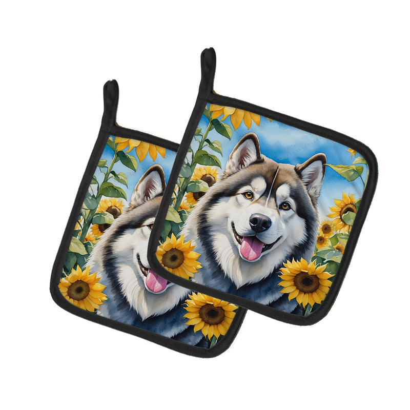 Alaskan Malamute in Sunflowers Pair of Pot Holders