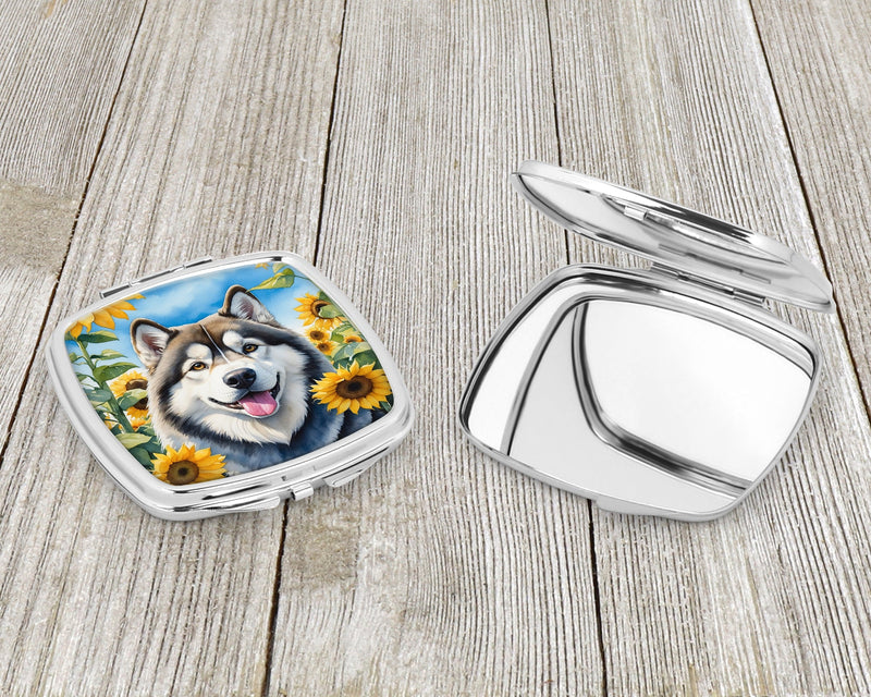 Alaskan Malamute in Sunflowers Compact Mirror – Stylish Purse Mirror with Artistic Covers