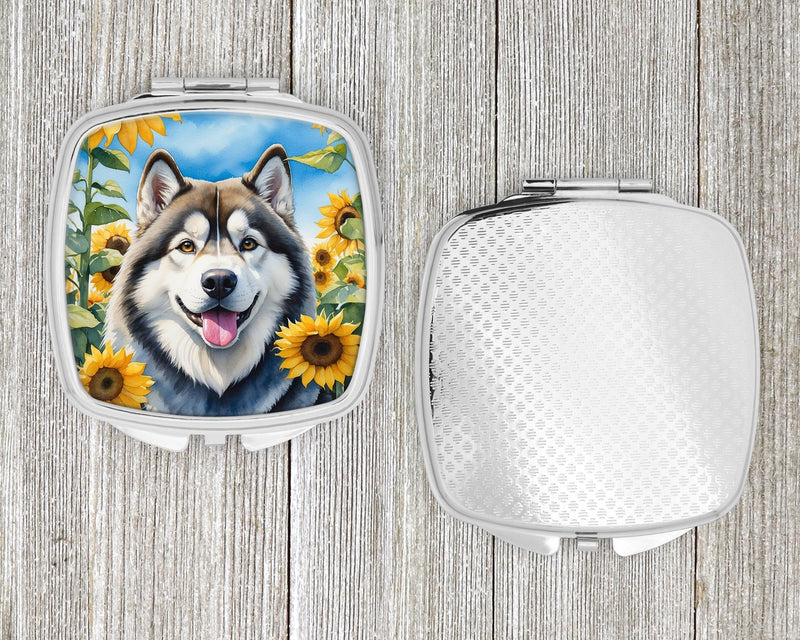 Alaskan Malamute in Sunflowers Compact Mirror – Stylish Purse Mirror with Artistic Covers