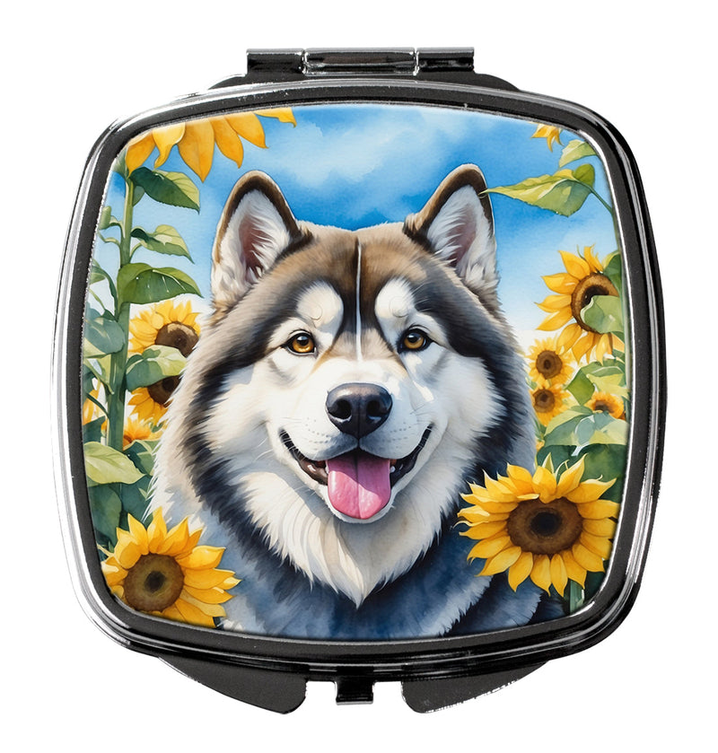 Alaskan Malamute in Sunflowers Compact Mirror – Stylish Purse Mirror with Artistic Covers