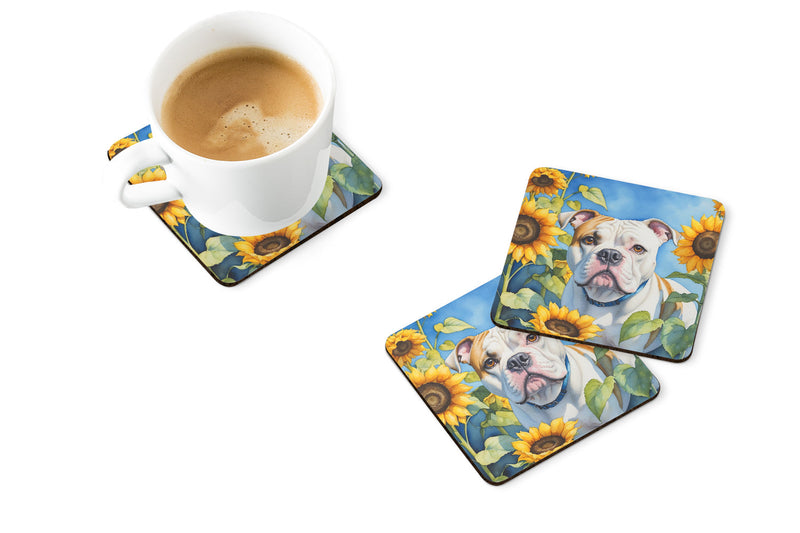 American Bulldog in Sunflowers Coasters - Set of 4 Lightweight Foam, Absorbent Drink Coasters