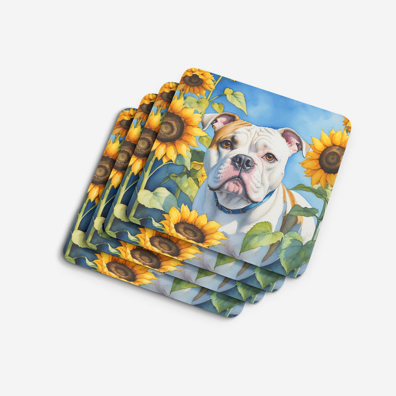 American Bulldog in Sunflowers Coasters - Set of 4 Lightweight Foam, Absorbent Drink Coasters