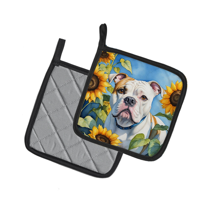 American Bulldog in Sunflowers Pair of Pot Holders