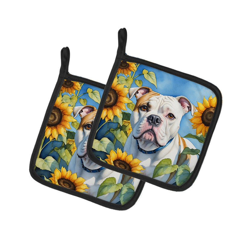 American Bulldog in Sunflowers Pair of Pot Holders