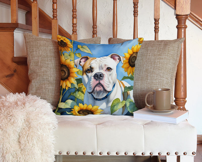 American Bulldog in Sunflowers Throw Pillow