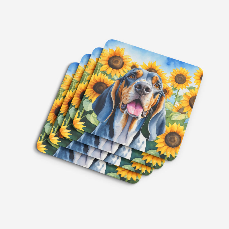 American English Coonhound in Sunflowers Coasters - Set of 4 Lightweight Foam, Absorbent Drink Coasters