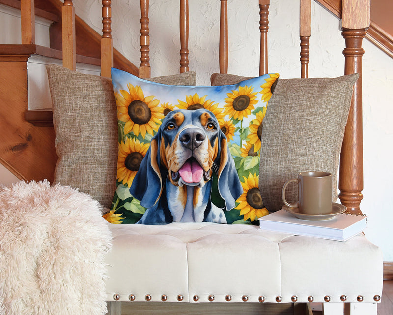 American English Coonhound in Sunflowers Throw Pillow - 14x14 Decorative Pillow – Art for Your Home & Patio