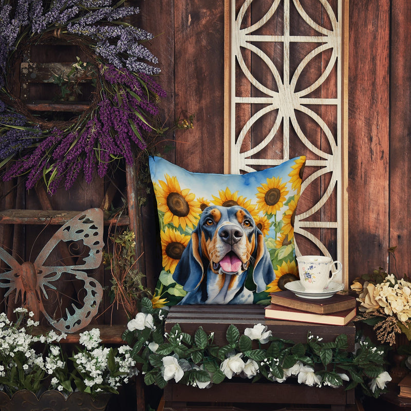 American English Coonhound in Sunflowers Throw Pillow