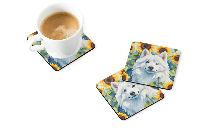 American Eskimo in Sunflowers Coasters - Set of 4 Lightweight Foam, Absorbent Drink Coasters