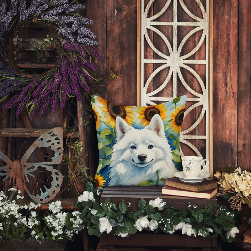 American Eskimo in Sunflowers Throw Pillow
