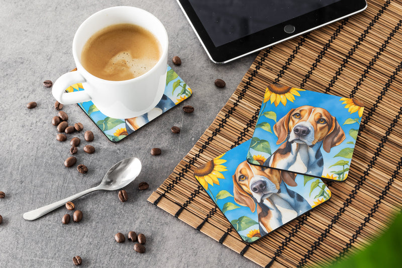 American Foxhound in Sunflowers Coasters - Set of 4 Lightweight Foam, Absorbent Drink Coasters