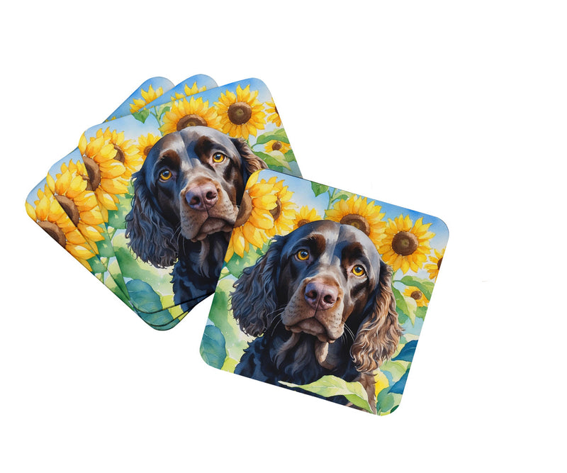 American Water Spaniel in Sunflowers Coasters - Set of 4 Lightweight Foam, Absorbent Drink Coasters