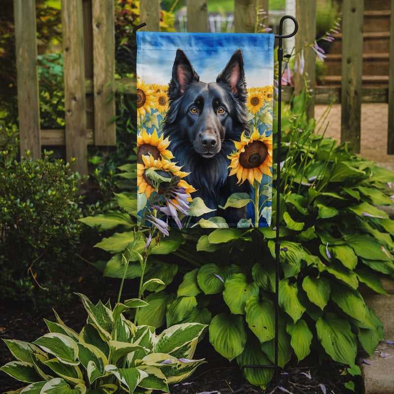 Belgian Sheepdog in Sunflowers Garden Flag – Bright Dog-Themed Yard Decor