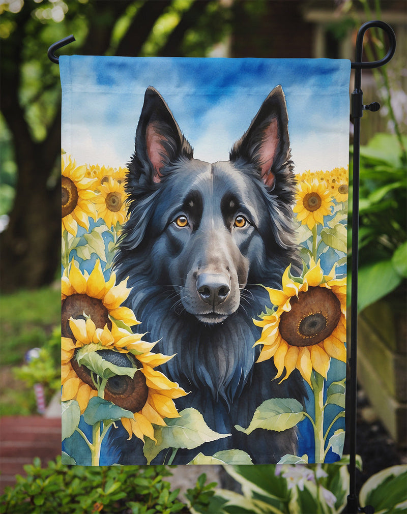 Belgian Sheepdog in Sunflowers Garden Flag – Bright Dog-Themed Yard Decor