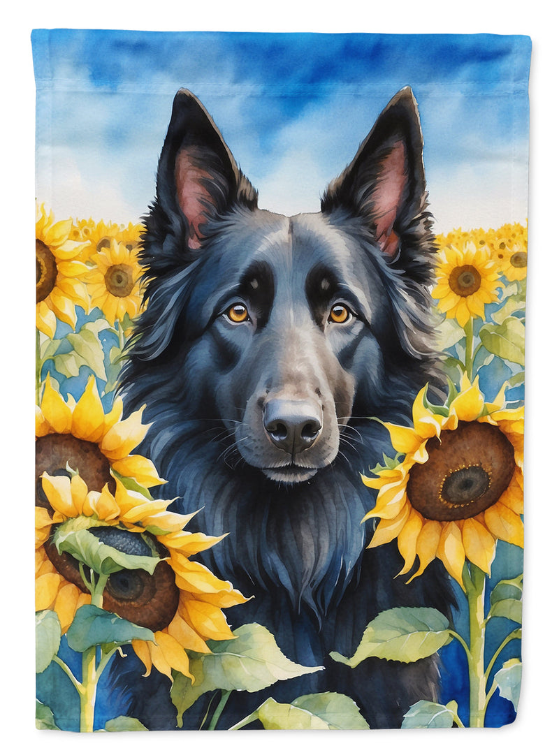 Belgian Sheepdog in Sunflowers Garden Flag – Bright Dog-Themed Yard Decor