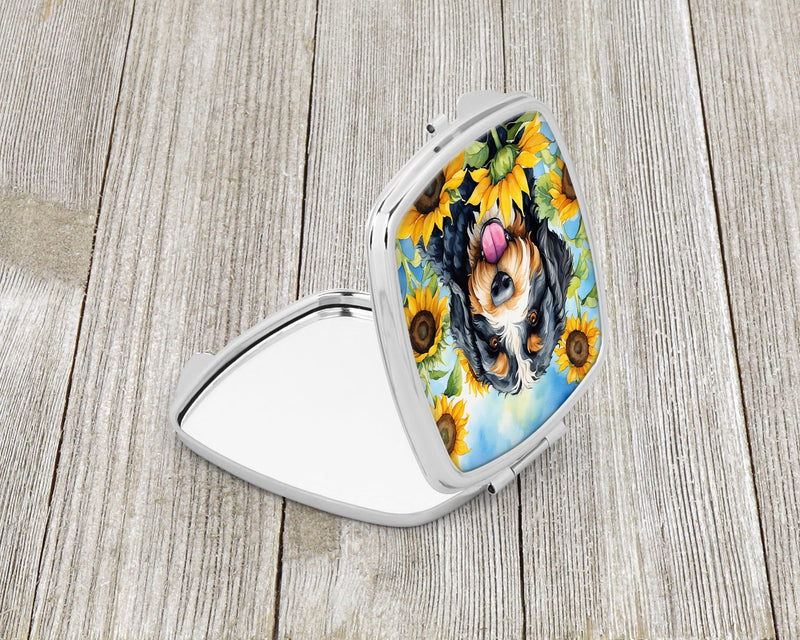 Bernedoodle in Sunflowers Compact Mirror – Stylish Purse Mirror with Artistic Covers