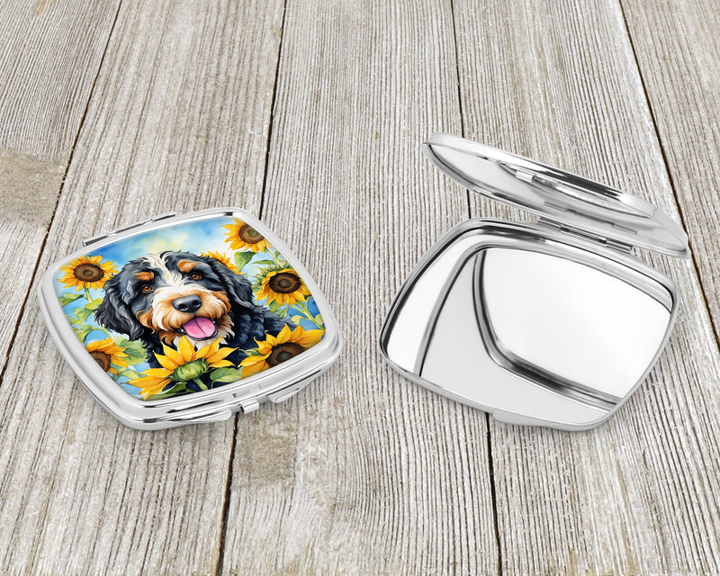 Bernedoodle in Sunflowers Compact Mirror – Stylish Purse Mirror with Artistic Covers