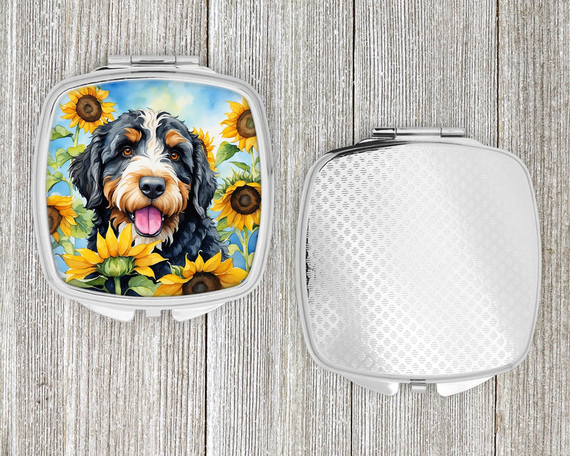 Bernedoodle in Sunflowers Compact Mirror – Stylish Purse Mirror with Artistic Covers