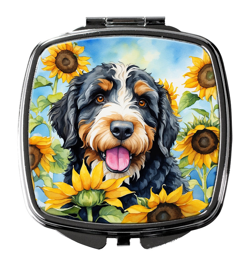 Bernedoodle in Sunflowers Compact Mirror – Stylish Purse Mirror with Artistic Covers