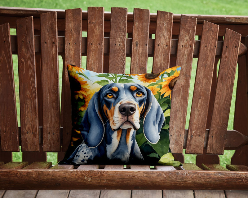 Bluetick Coonhound in Sunflowers Throw Pillow - 14x14 Decorative Pillow – Art for Your Home & Patio
