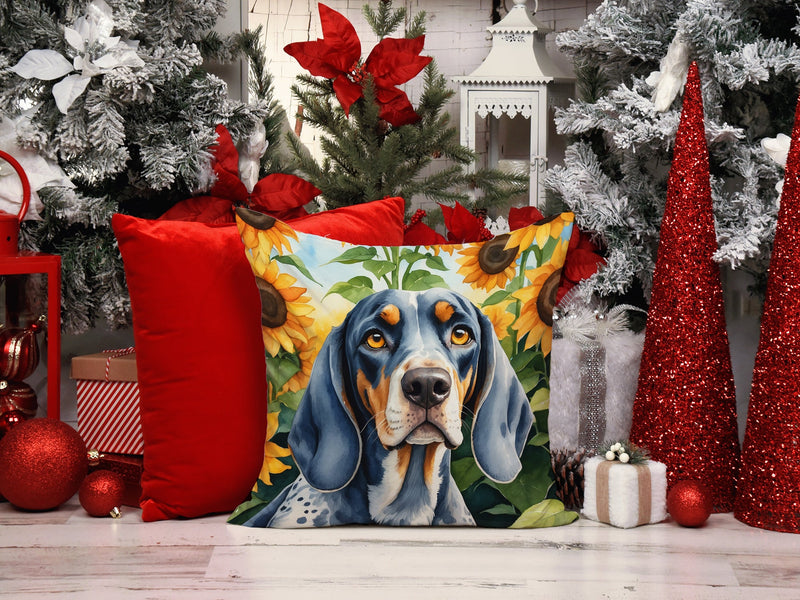 Bluetick Coonhound in Sunflowers Throw Pillow - 14x14 Decorative Pillow – Art for Your Home & Patio